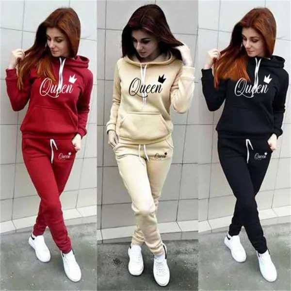 Hot women's 2-piece QUEEN print sports suit sportswear jogging suit women's hooded sportswear suit clothes hoodie+sweatpants 1