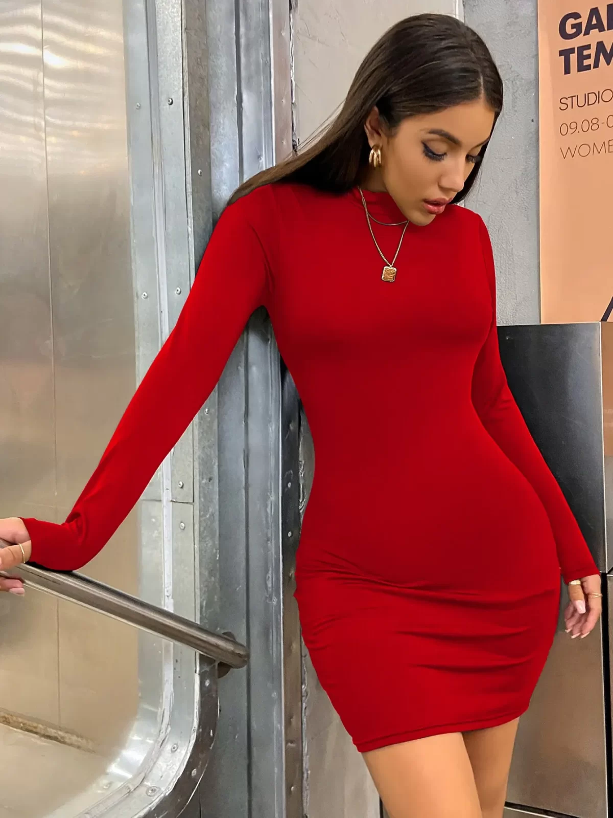 Long Sleeve Slim Bodycon Mini Dress Women Turtleneck Pleated Party Ruched Short Evening Club Outfit Soild Color 2