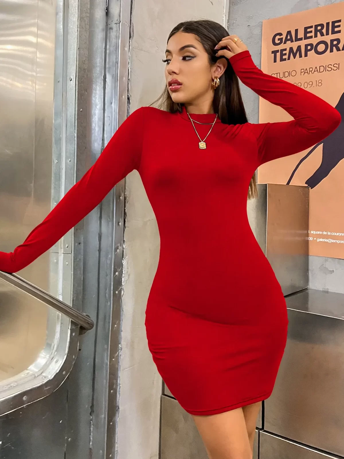 Long Sleeve Slim Bodycon Mini Dress Women Turtleneck Pleated Party Ruched Short Evening Club Outfit Soild Color 4