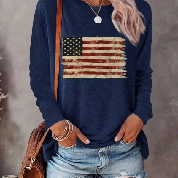 Autumn New American Flag Print Men's Long-sleeved T-shirt Urban Street Trend Fashion Women's Long-sleeved Top Everyday Casual 1