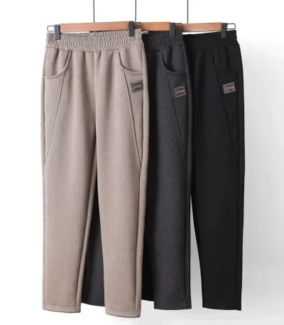 الصوف Sweatpants للنساء منتصف العمر ، مرونة الخصر ، الدافئة الحريم السراويل ، الإناث مريحة Trousers غير رسمية ، سميكة الرياضة السراويل ، الخريف والشتاء 1