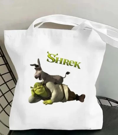 حقيبة تسوق قماشية مطبوعة بفيلم Miniso Shrek ، حقائب رائعة للحفلات الترفيهية في الهواء الطلق والسفر ، كتف سعة كبيرة ، ديكور عصري 1