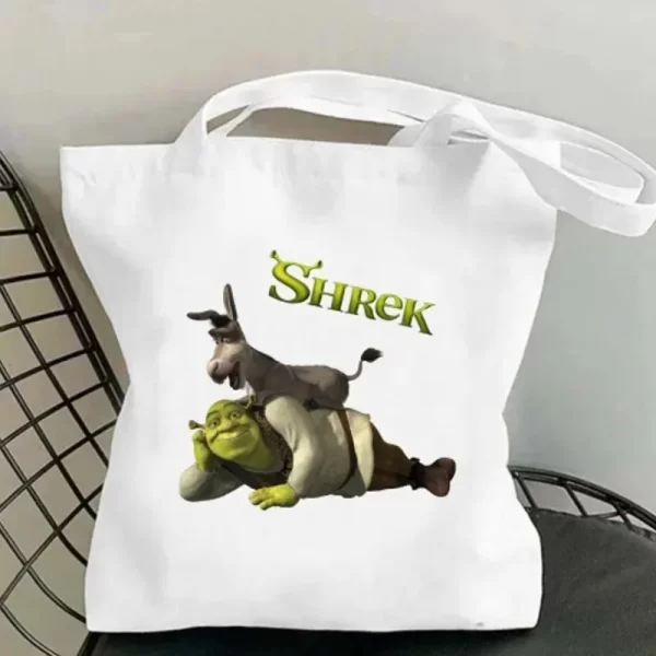 حقيبة تسوق قماشية مطبوعة بفيلم Miniso Shrek ، حقائب رائعة للحفلات الترفيهية في الهواء الطلق والسفر ، كتف سعة كبيرة ، ديكور عصري 1