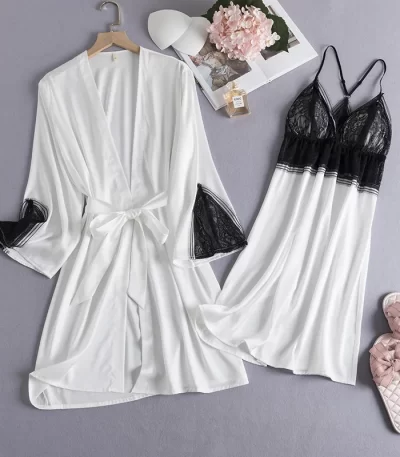 Female Kimono Bathrobe Gown Sleepwear Sexy Patchwork Lace Wedding Robe Nightgown Casual Loose Silk Satin Home Dress Lounge Wear 1