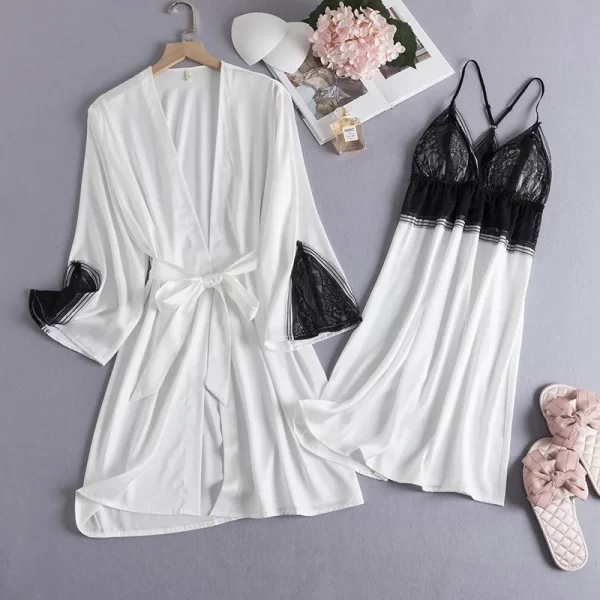 Female Kimono Bathrobe Gown Sleepwear Sexy Patchwork Lace Wedding Robe Nightgown Casual Loose Silk Satin Home Dress Lounge Wear 1