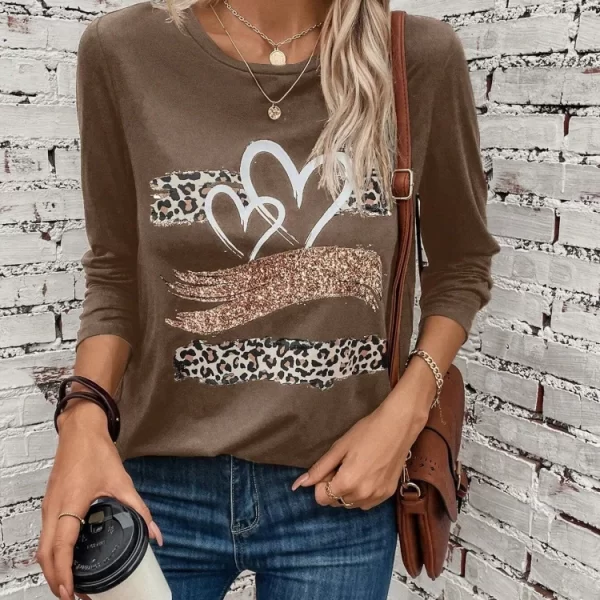 Coffee Color Simple Love Print Autumn Fashion Elegant Round Neck Long Sleeve Urban Street Fashion Trend Women Long Sleeve Top 1