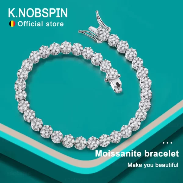 KNOBSPIN D VVS1 Moissanite Tennis Bracelet Full Diamond GRA 925 Sterling Silver Plated White Gold Flower Bracelet for Women Men 1