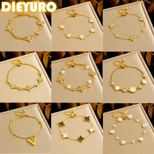 DIEYURO 316L الفولاذ المقاوم للصدأ الزركون الربط زهرة القلب اللؤلؤ سوار للمرأة موضة جديدة الاتجاه اليد سلسلة مجوهرات هدية 1