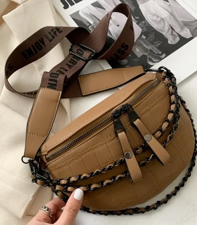 حجر نمط بولي Leather حقائب جلدية الخصر للنساء Vintage سلسلة الخصر حزمة الإناث موضة حزمة مراوح واسعة حزام Crossbody حقيبة صدر للرجال 1