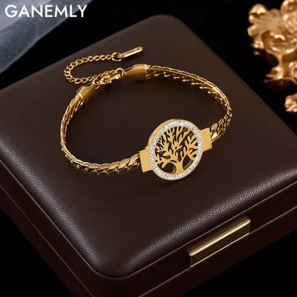 GANEMLY 316L الفولاذ المقاوم للصدأ شجرة الحياة سوار للنساء موضة 18K مطلية بالذهب سلسلة المعصم مجوهرات مقاومة للماء سيدة هدية 1