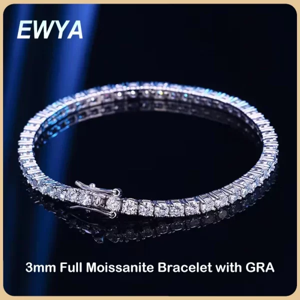 EWYA 925 فضة مويسانيتي سوار 0.1ct 3 مللي متر D VVS1 الماس مع GRA للنساء تألق حفل زفاف غرامة مجوهرات 1