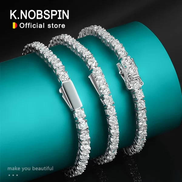 سوار تنس مويسانيتي KNOBSPIN النساء ، الفضة الإسترلينية الأصلية S925 ، مطلي بالذهب الأبيض عيار 18 مع GRA ، D vs1 1