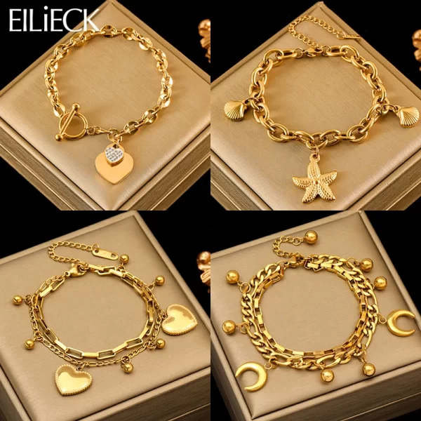 EILIECK 316L الفولاذ المقاوم للصدأ الذهب اللون نجم البحر القمر ستار سوار Charm للنساء جديد عصري المعصم سلسلة مجوهرات هدية حفلة 1