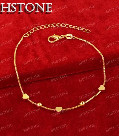 SHSTONE 18K الذهب الصلبة القلب الخرز سوار للمرأة موضة حلية مجوهرات سيدة لطيف اليد سلسلة أساور الزفاف هدايا عيد الميلاد 1