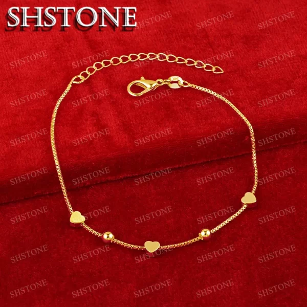 SHSTONE 18K الذهب الصلبة القلب الخرز سوار للمرأة موضة حلية مجوهرات سيدة لطيف اليد سلسلة أساور الزفاف هدايا عيد الميلاد 1