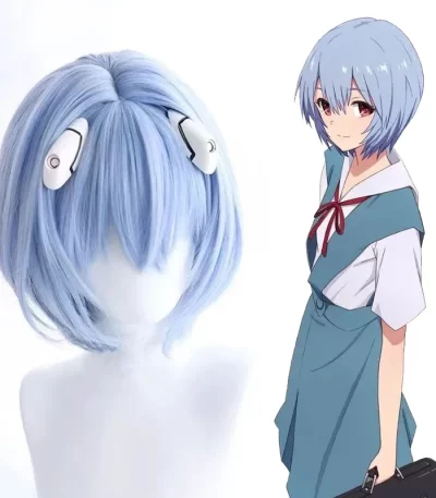 شعر مستعار تأثيري من Evangelion Ayanami Rei زي أنيمي باروكة هالوين مقاومة للحرارة شعر مستعار اصطناعي + قبعة شعر مستعار فستان حفلة موسيقية هدايا 1