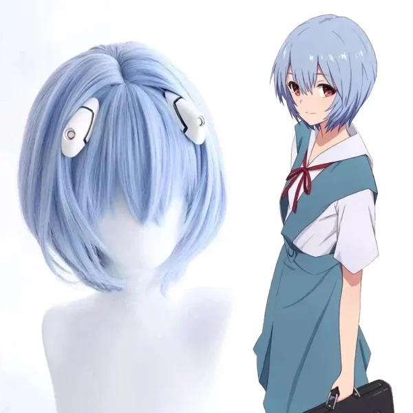 شعر مستعار تأثيري من Evangelion Ayanami Rei زي أنيمي باروكة هالوين مقاومة للحرارة شعر مستعار اصطناعي + قبعة شعر مستعار فستان حفلة موسيقية هدايا 1