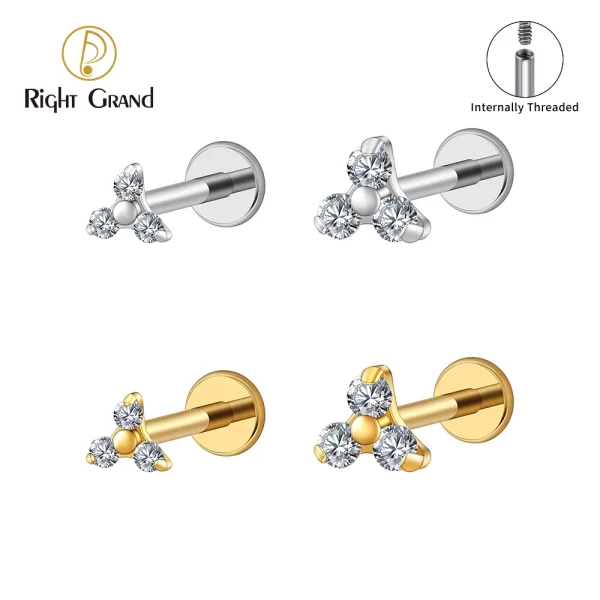 Right Grand ASTM F136 Titanium 16G Triple Internally Threaded Cartilage Helix Earring Trinity Flower Tragus Stud Conch Earlobe Labretr Lip Piercing Body Jewelry 1