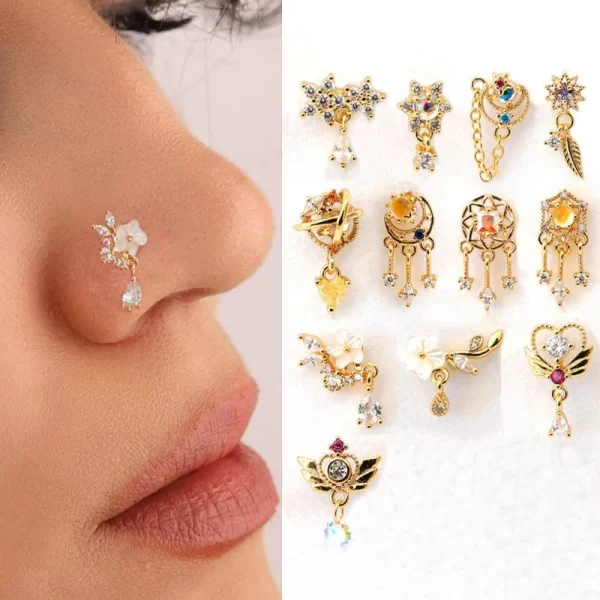 1Piece Fashion L Shaped Dangle Nose Studs Piercing 20G Stainless Steel Flower Moon Tassels Zircon Nostril Screw Piercing Jewelry 1